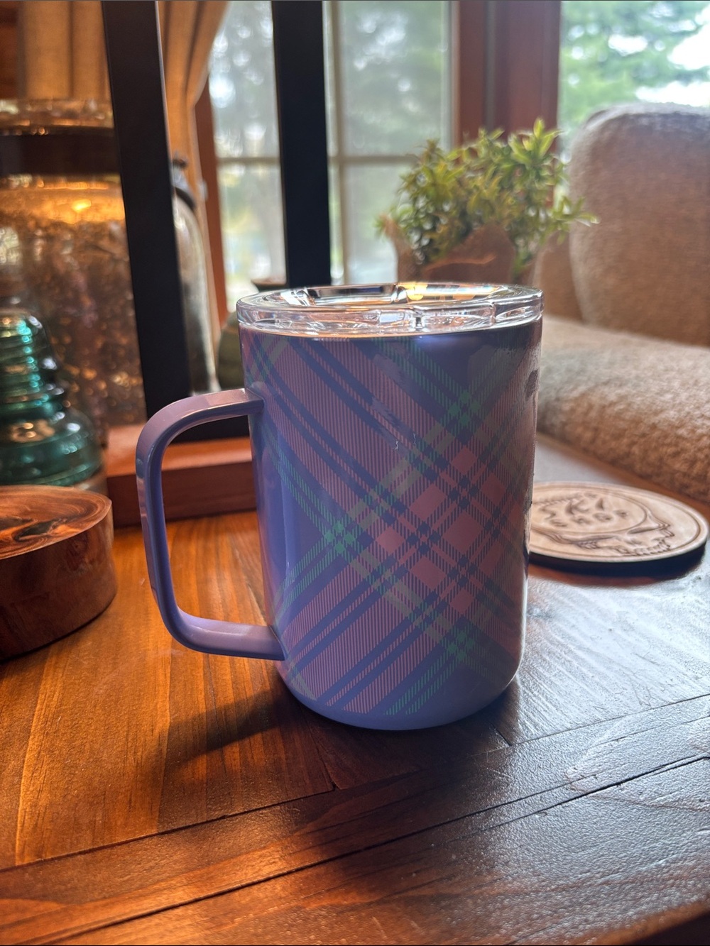 Corkcicle Purple Plaid Insulated Mug with Handle